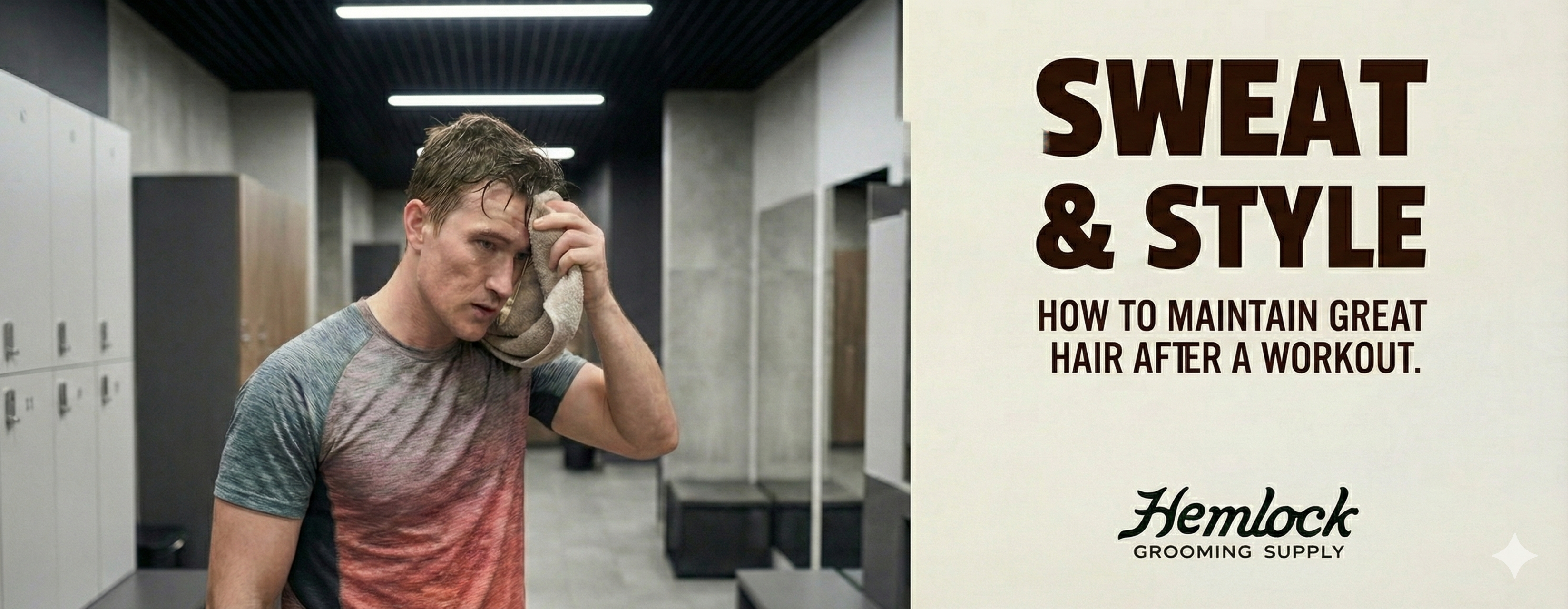Man wiping sweat from his hair in a gym locker room showing mens hair care after a workout with focus on maintaining great style and healthy hair.