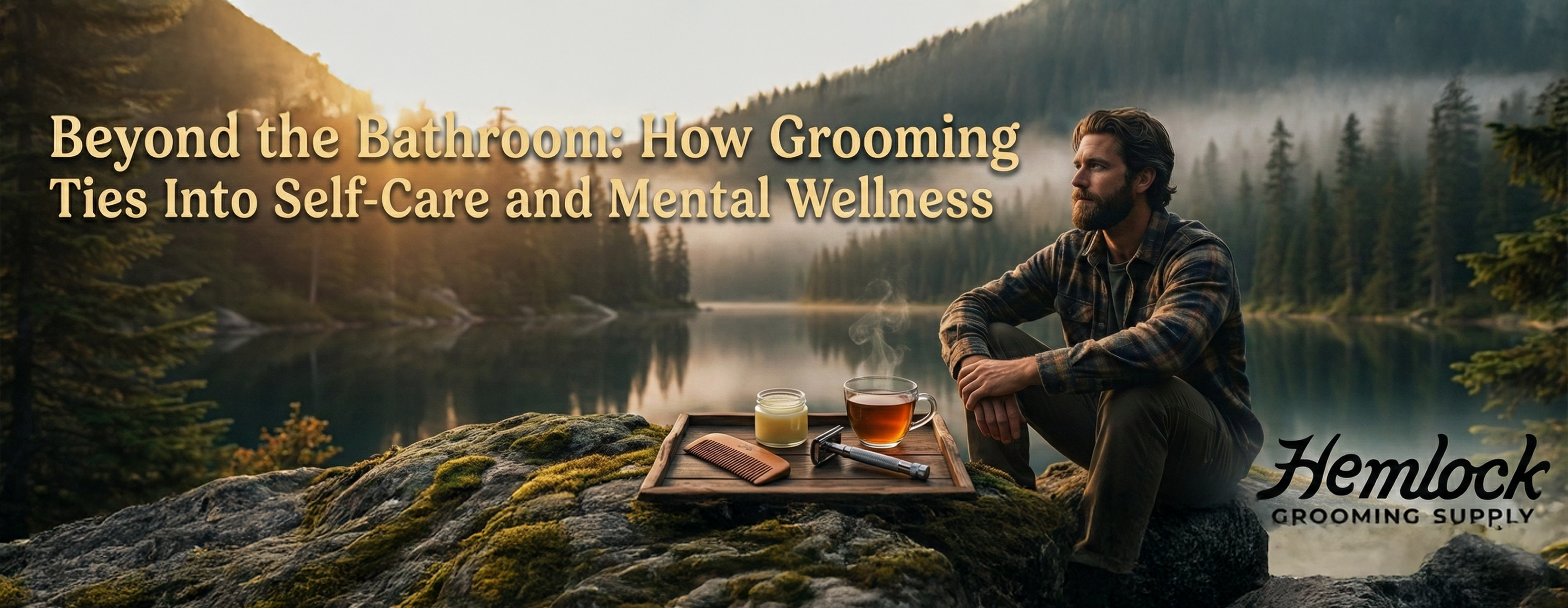Man sitting by a mountain lake practicing mens grooming as self care with beard care tools tea and natural grooming products highlighting mental wellness and mindfulness.