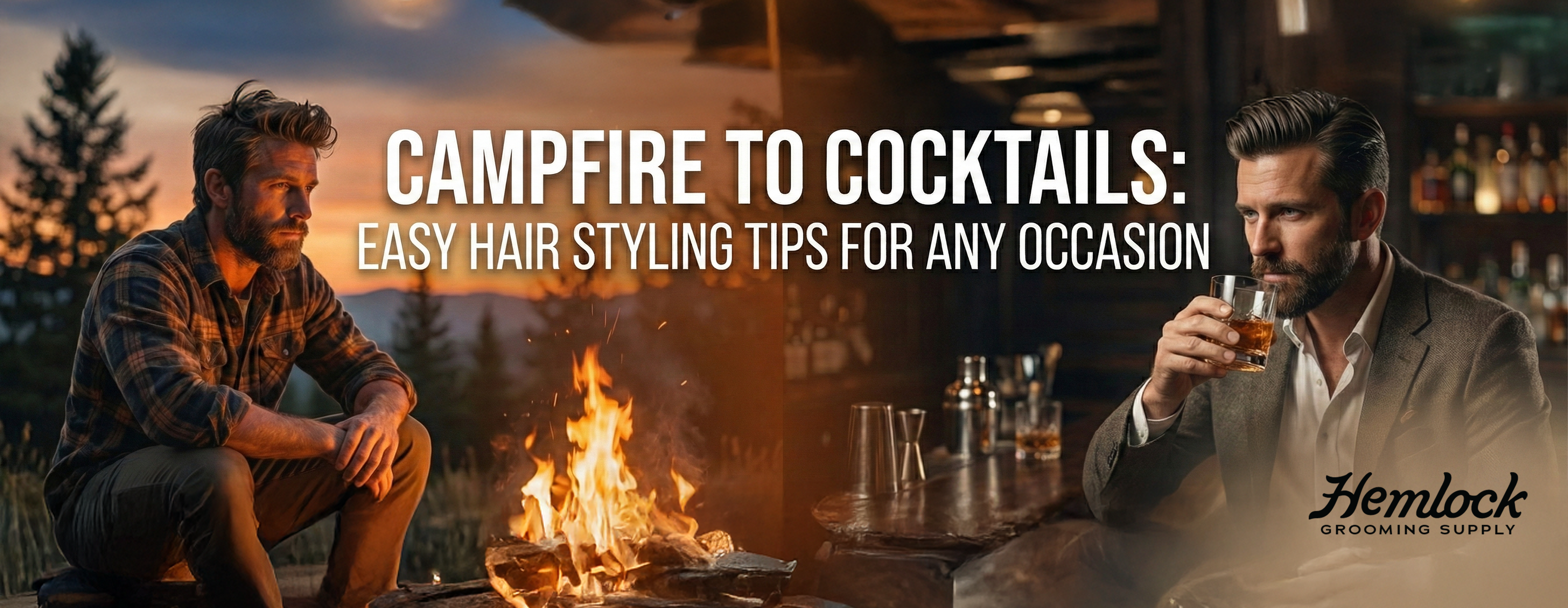 Man styled outdoors by a campfire and later indoors at a cocktail bar showing mens hair styling for outdoor adventures and evening occasions with a polished confident look.