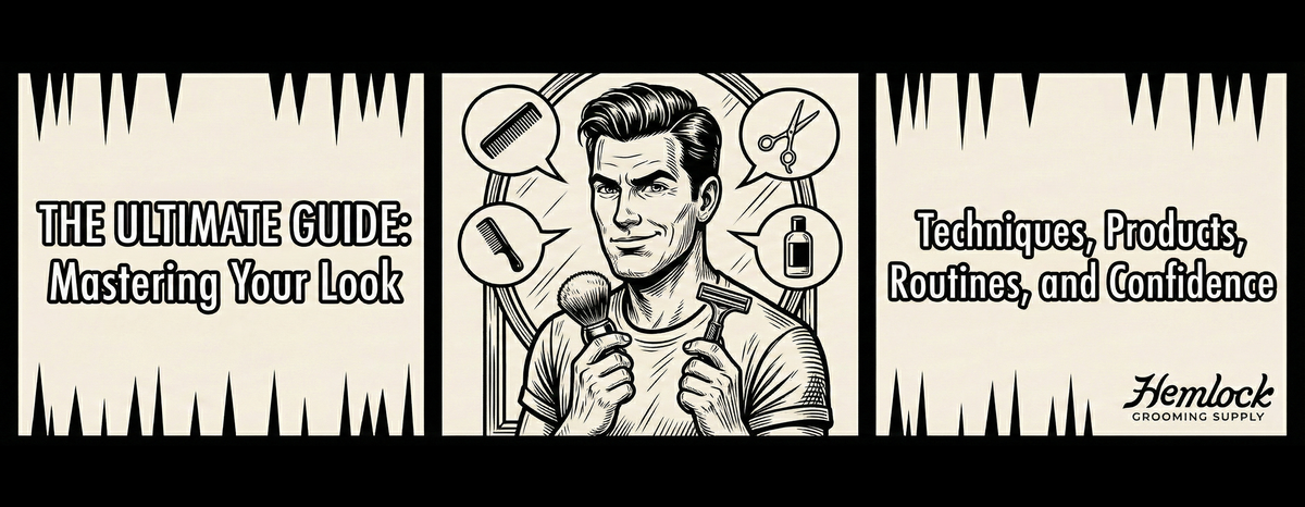 Illustrated guide to mens grooming showing a man holding shaving tools with icons for hair styling beard care grooming products and daily routines.