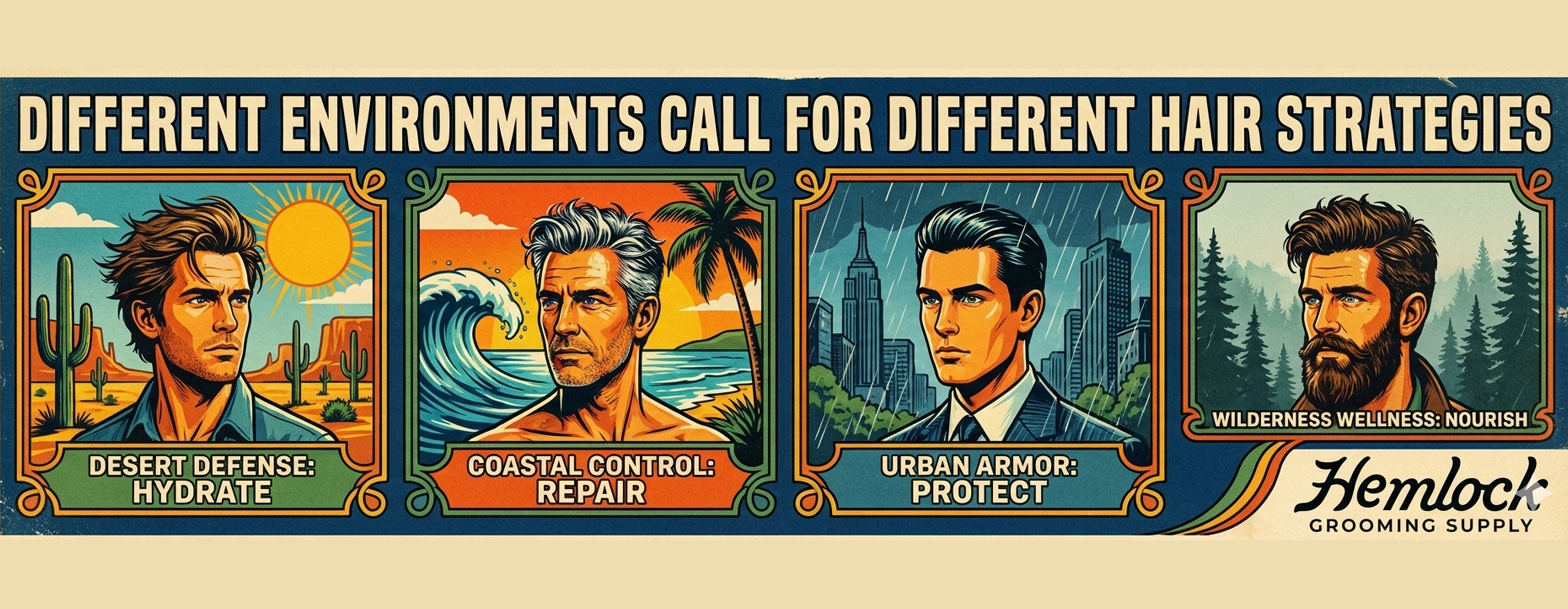 Illustration showing mens hair care strategies for different environments including desert beach city and wilderness highlighting hydration repair protection and nourishment for healthy styled hair.