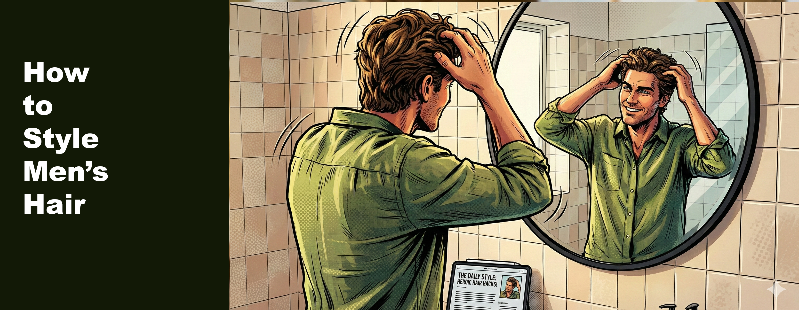 Man styling his hair in a bathroom mirror demonstrating a natural men’s hair styling routine