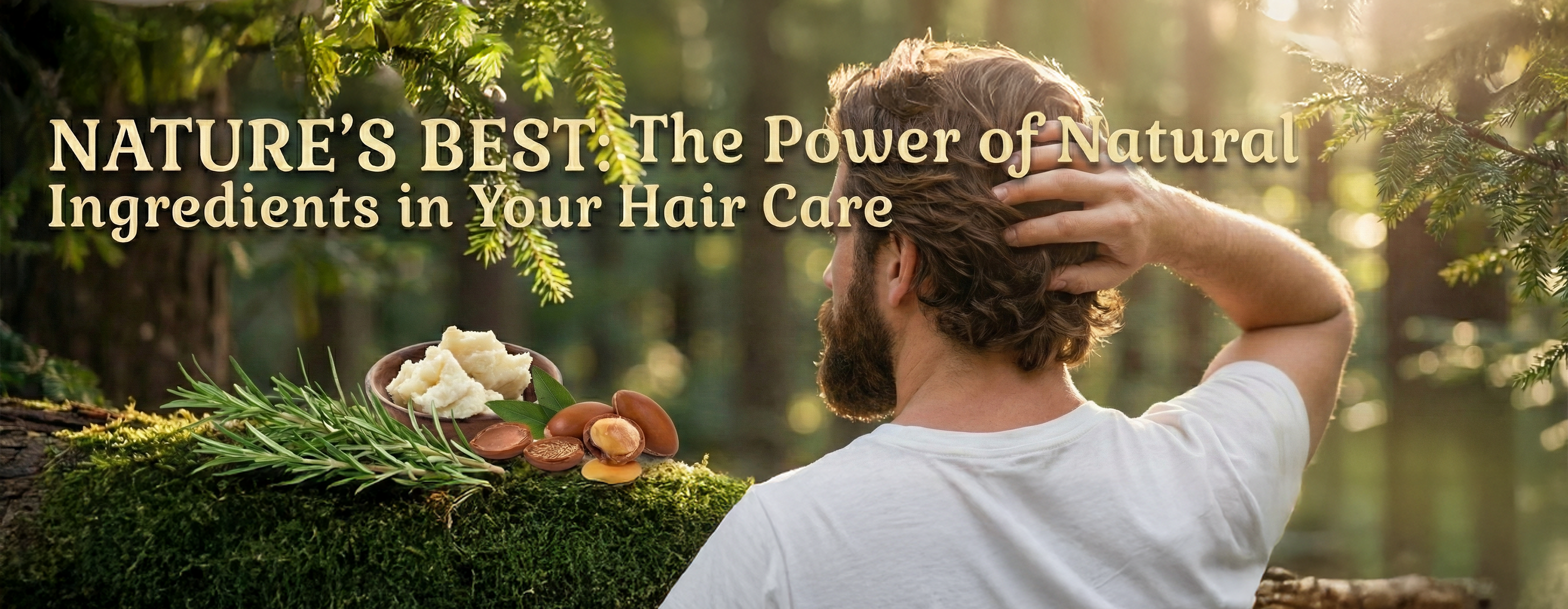 Man outdoors touching his hair surrounded by natural hair care ingredients like shea butter argan nuts and greenery highlighting the power of natural ingredients for mens hair health and scalp care.