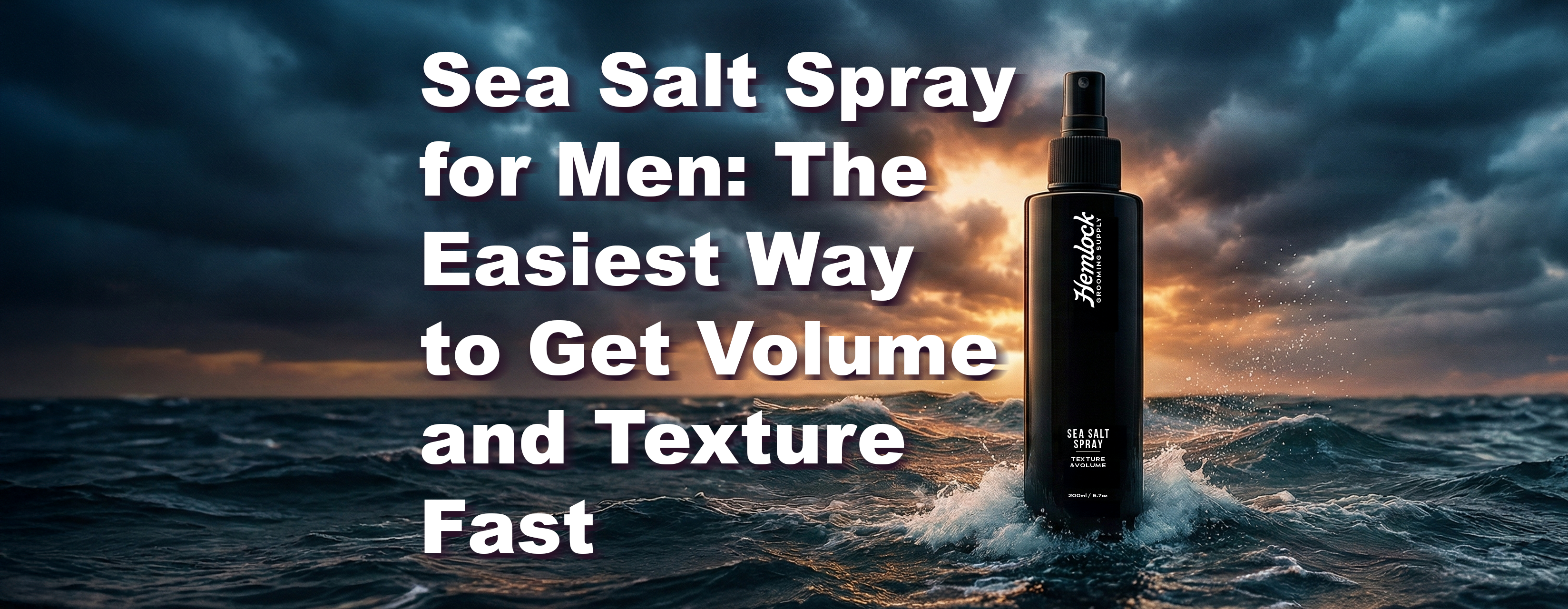 Hemlock Sea Salt Spray bottle for hair texture and volume, emerging from stormy ocean waves with a dramatic sunset background.