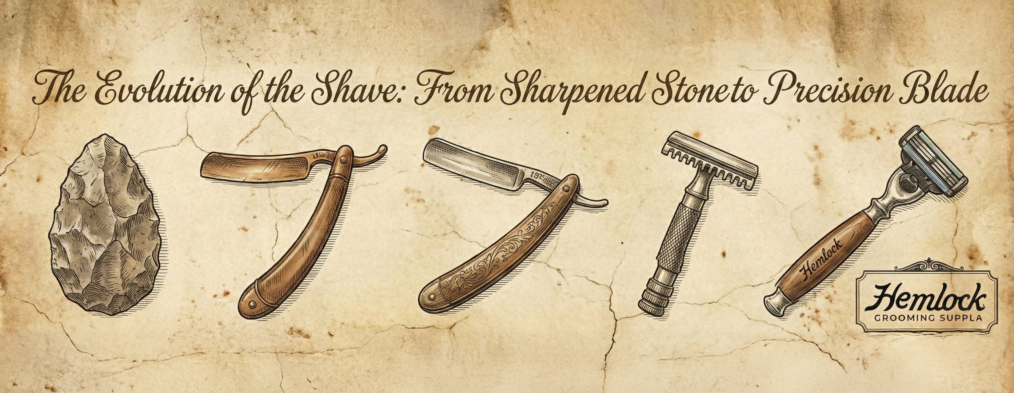 Illustration showing the evolution of shaving tools from ancient stone blades to straight razors safety razors and modern mens shaving razors highlighting the history of mens grooming and shave tools.