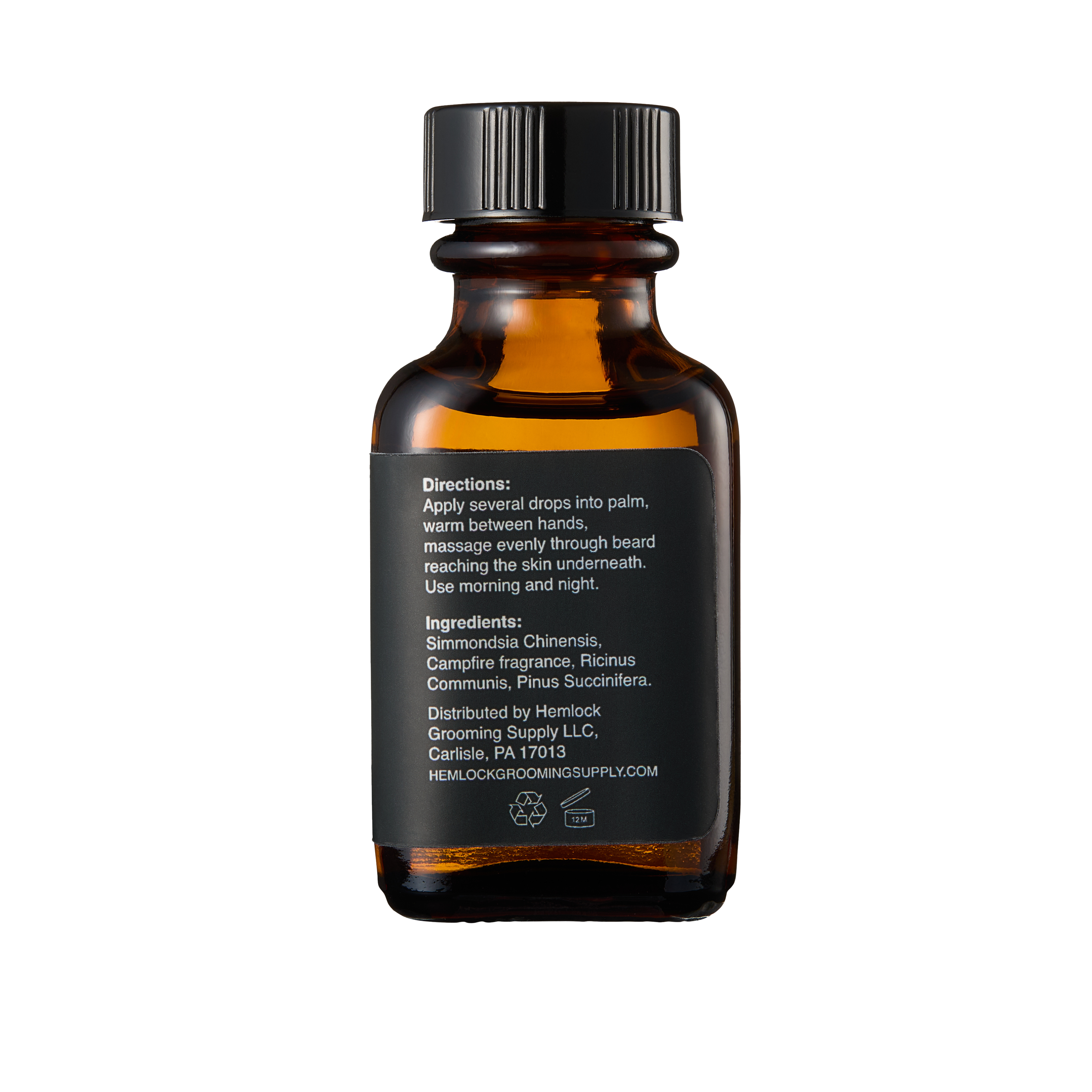 Hemlock Campfire Beard Oil amber glass bottle, back label with directions and ingredient list