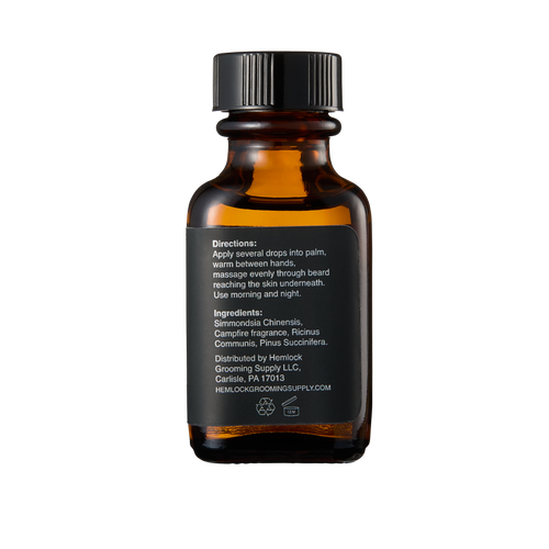 Hemlock Campfire Beard Oil amber glass bottle, back label with directions and ingredient list