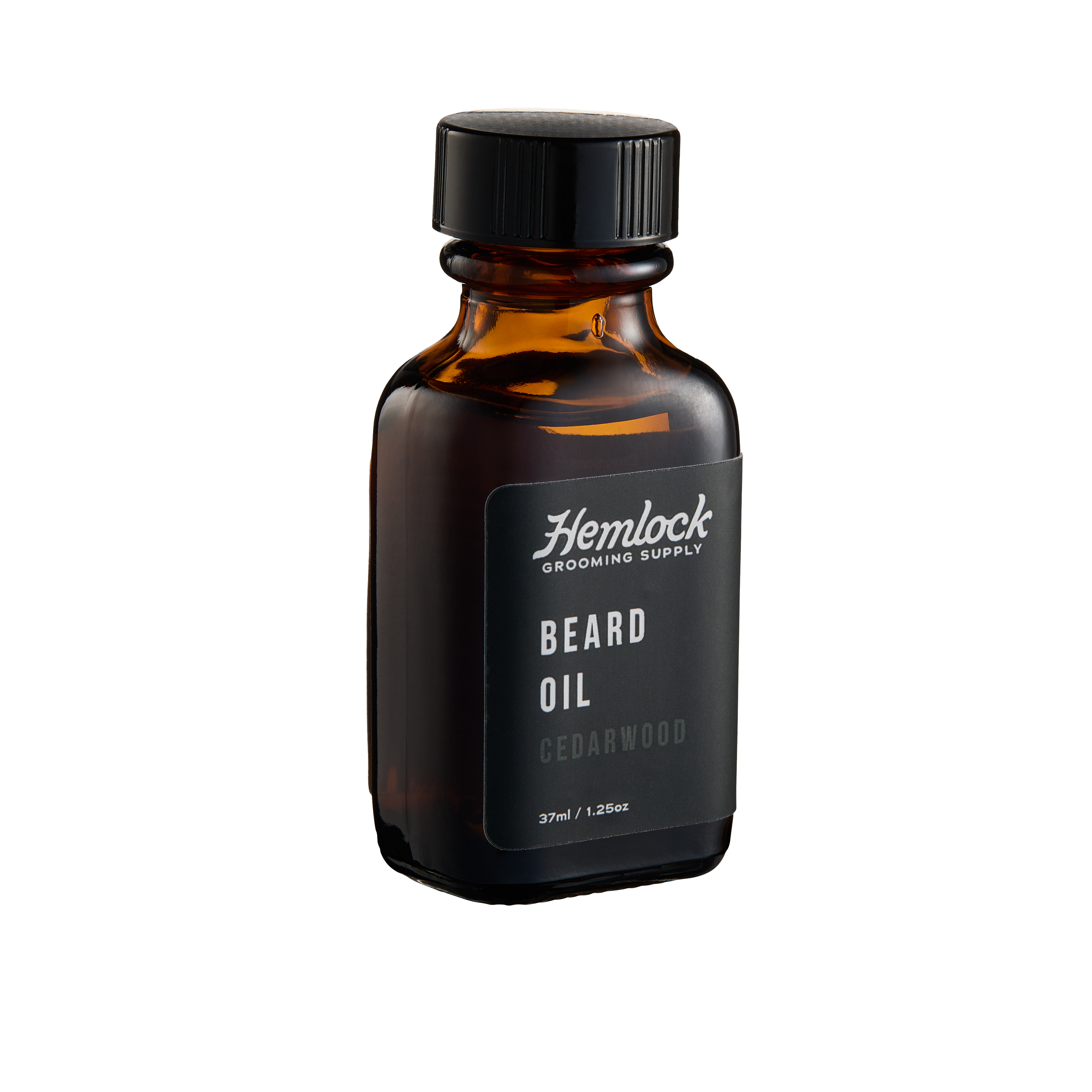 Hemlock Cedarwood Beard Oil 37ml amber glass bottle, angled front view showing Beard Oil Cedarwood label