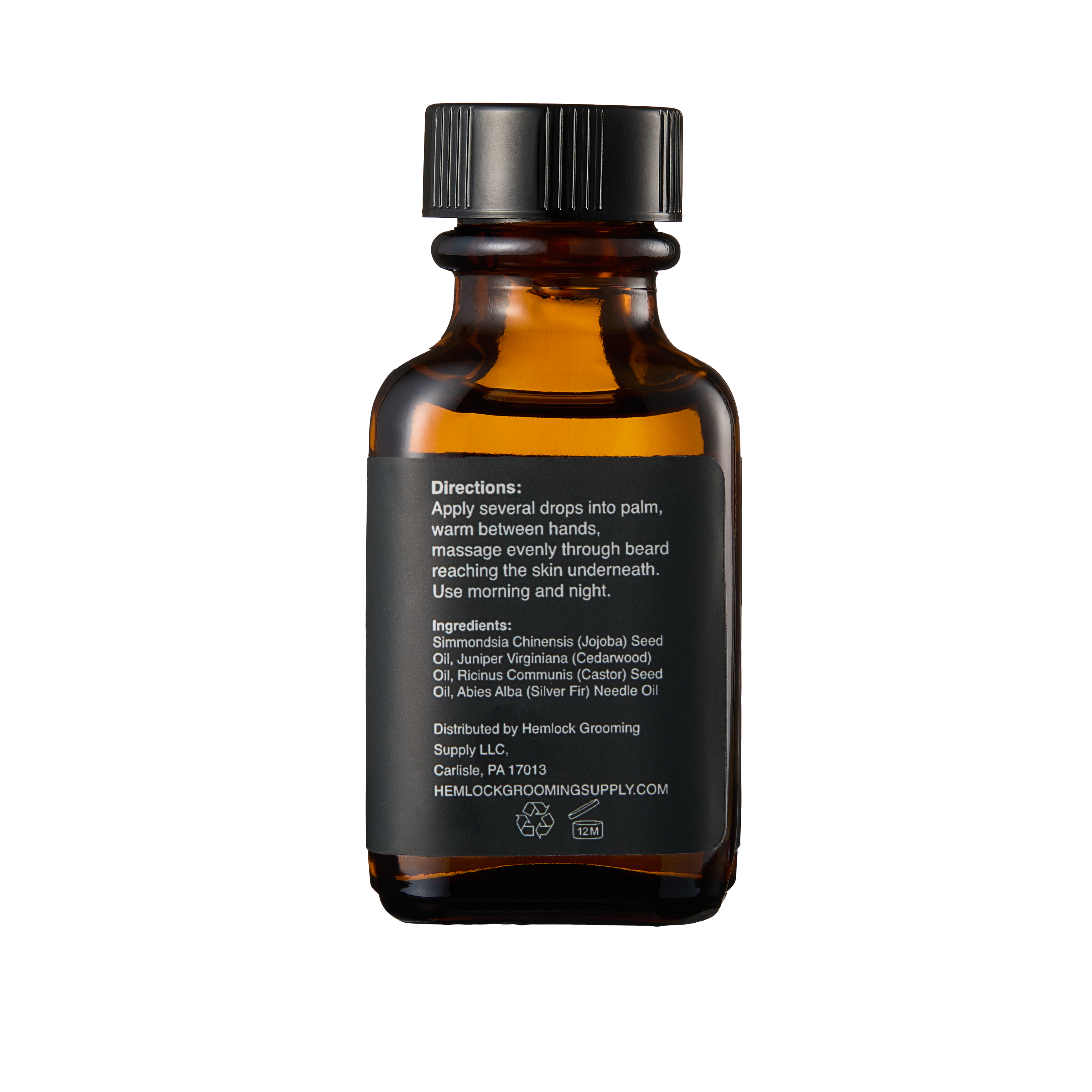 Hemlock Cedarwood Beard Oil amber glass bottle, back label with directions and ingredient list
