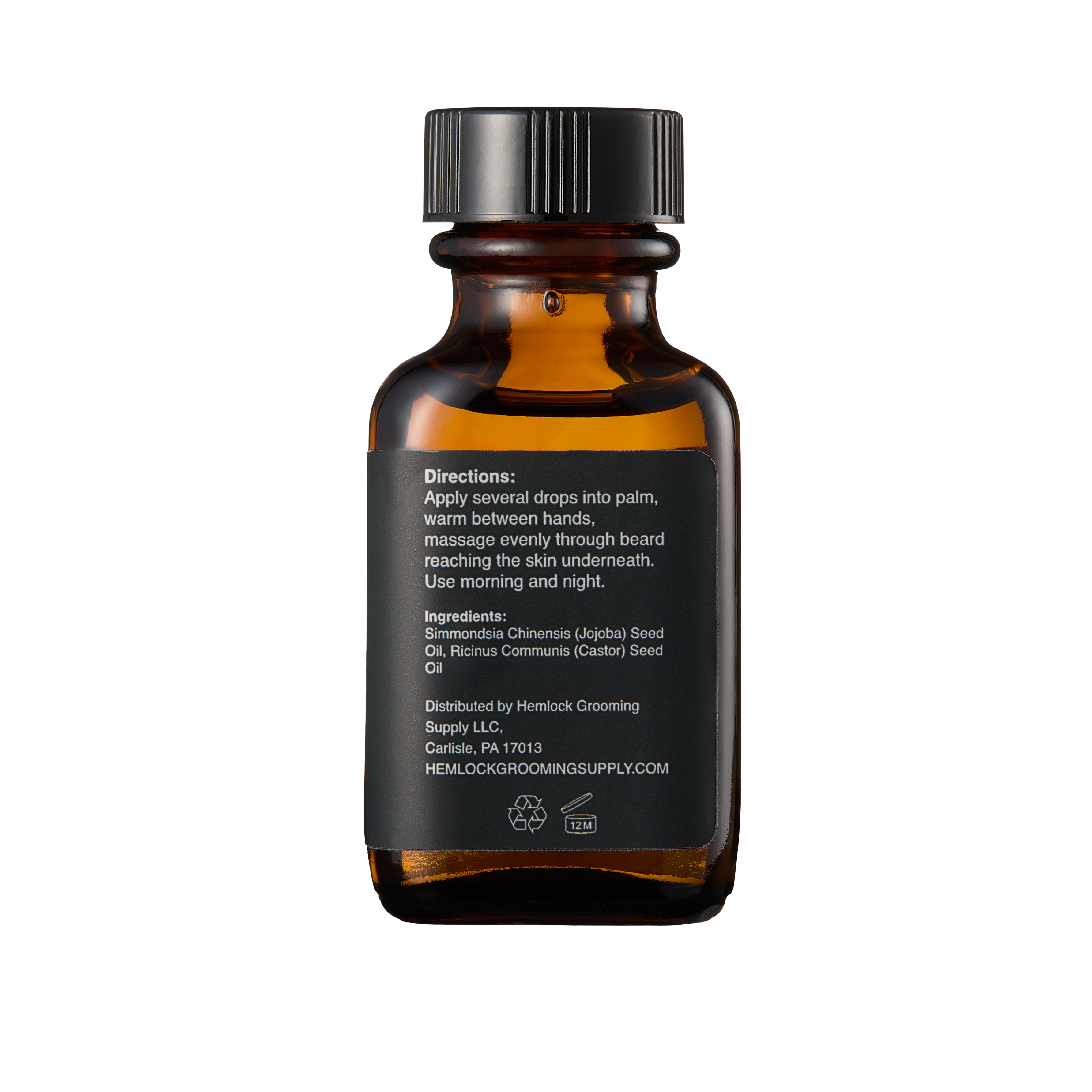 Hemlock Unscented Beard Oil amber glass bottle, back label with directions and ingredient list