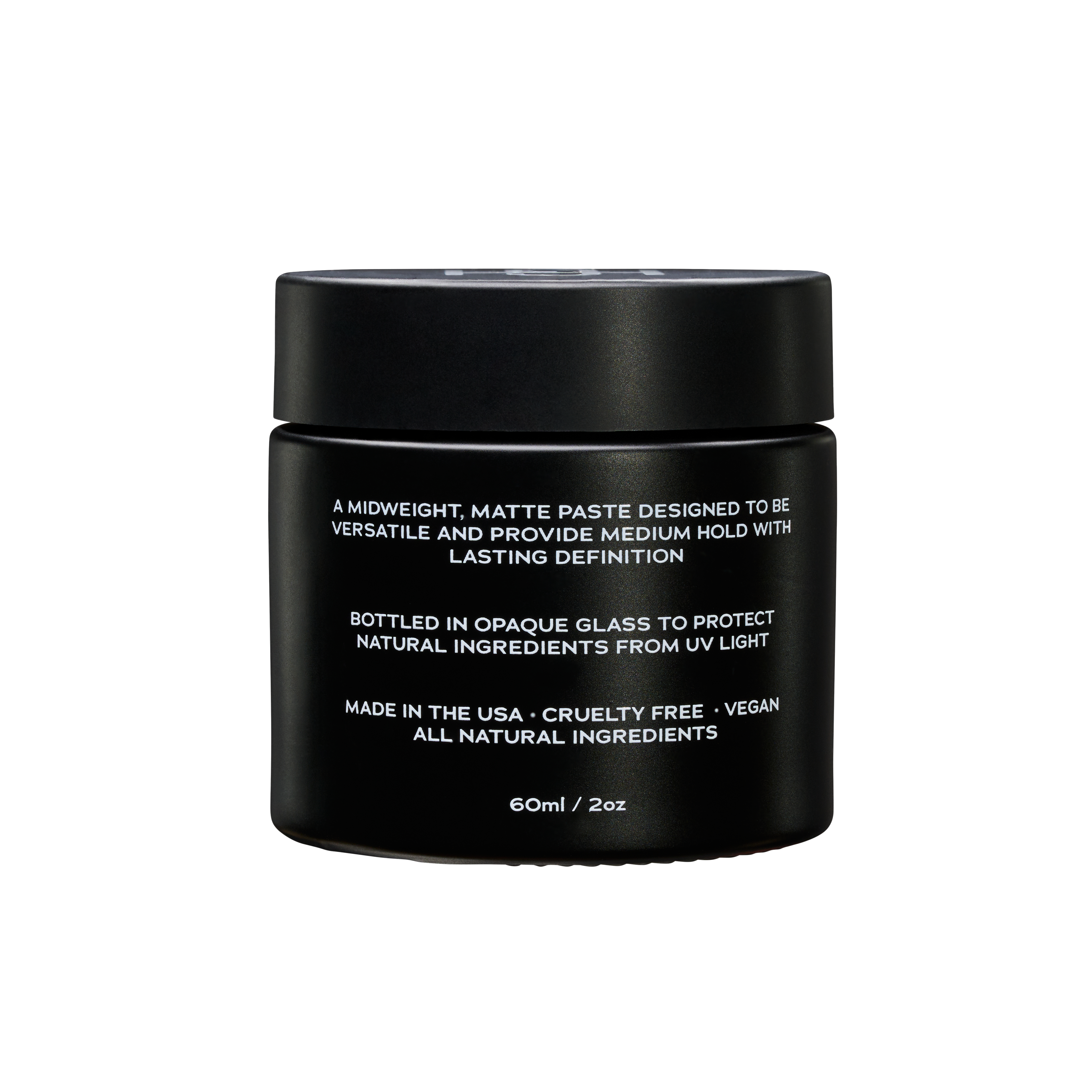Hemlock hair clay 2 oz styling jar, back label with product details and size 60ml / 2oz