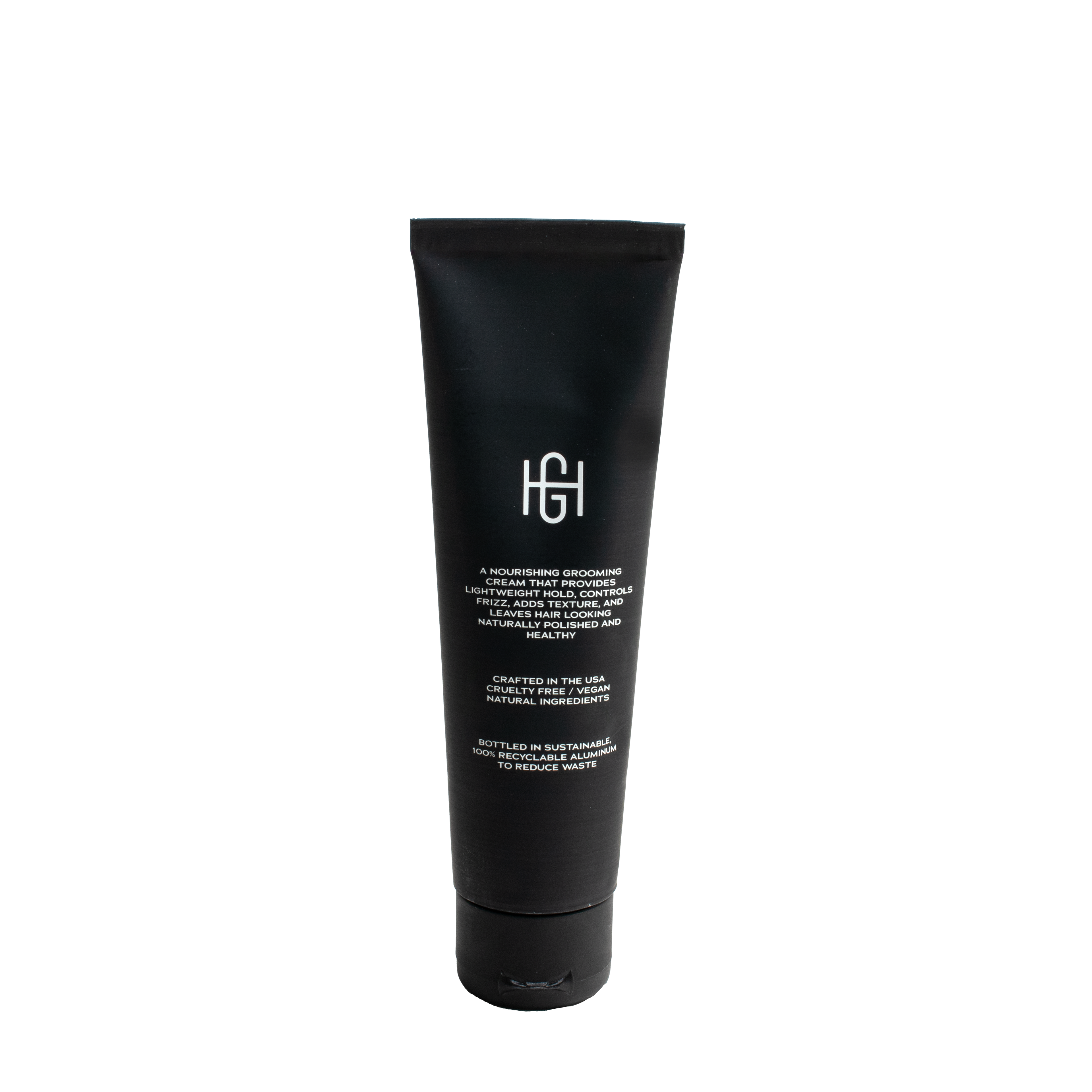 Hemlock Styling Cream 100ml tube, back label with lightweight hold and frizz control details and HG logo