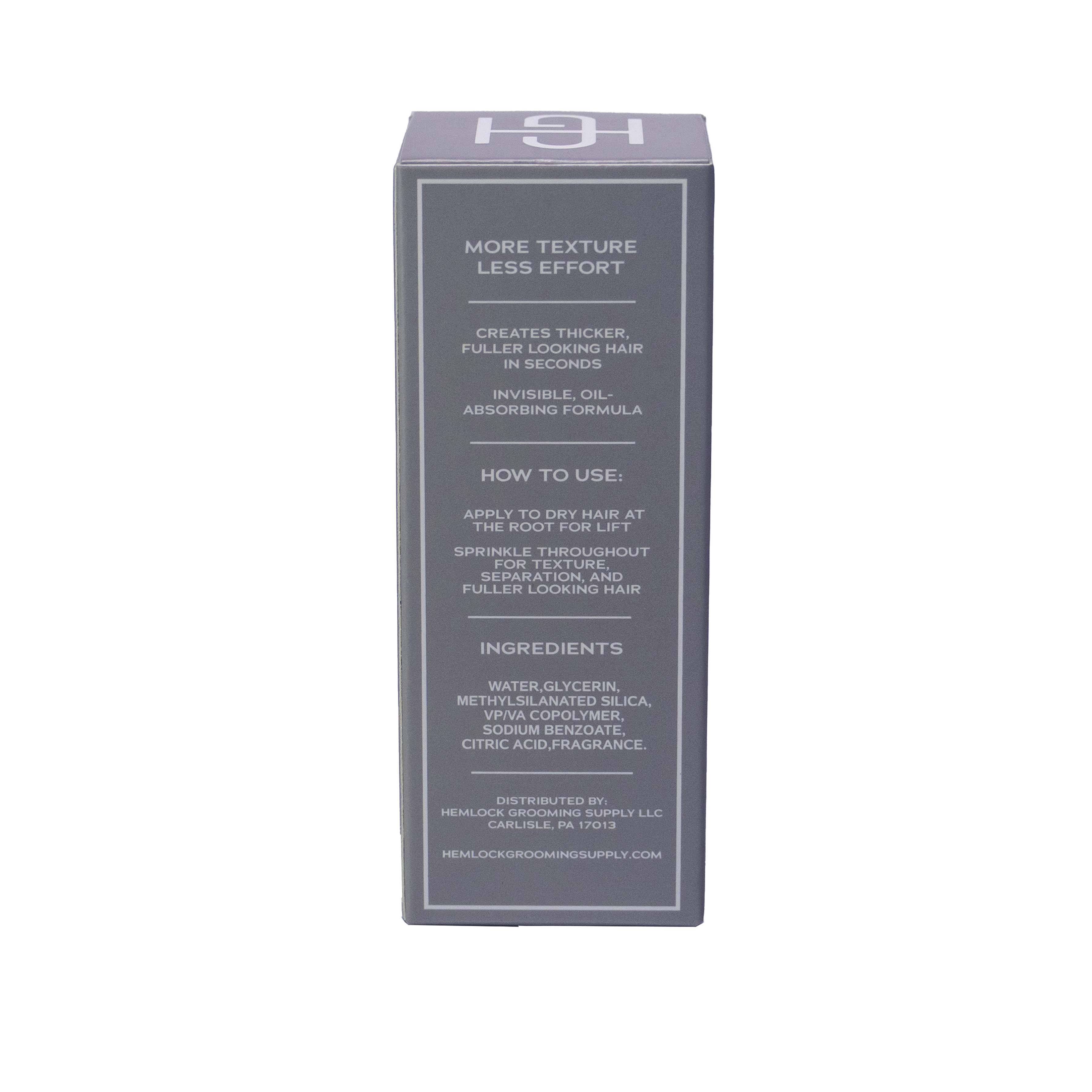 Hemlock Texture Powder box back label with styling powder directions and product details