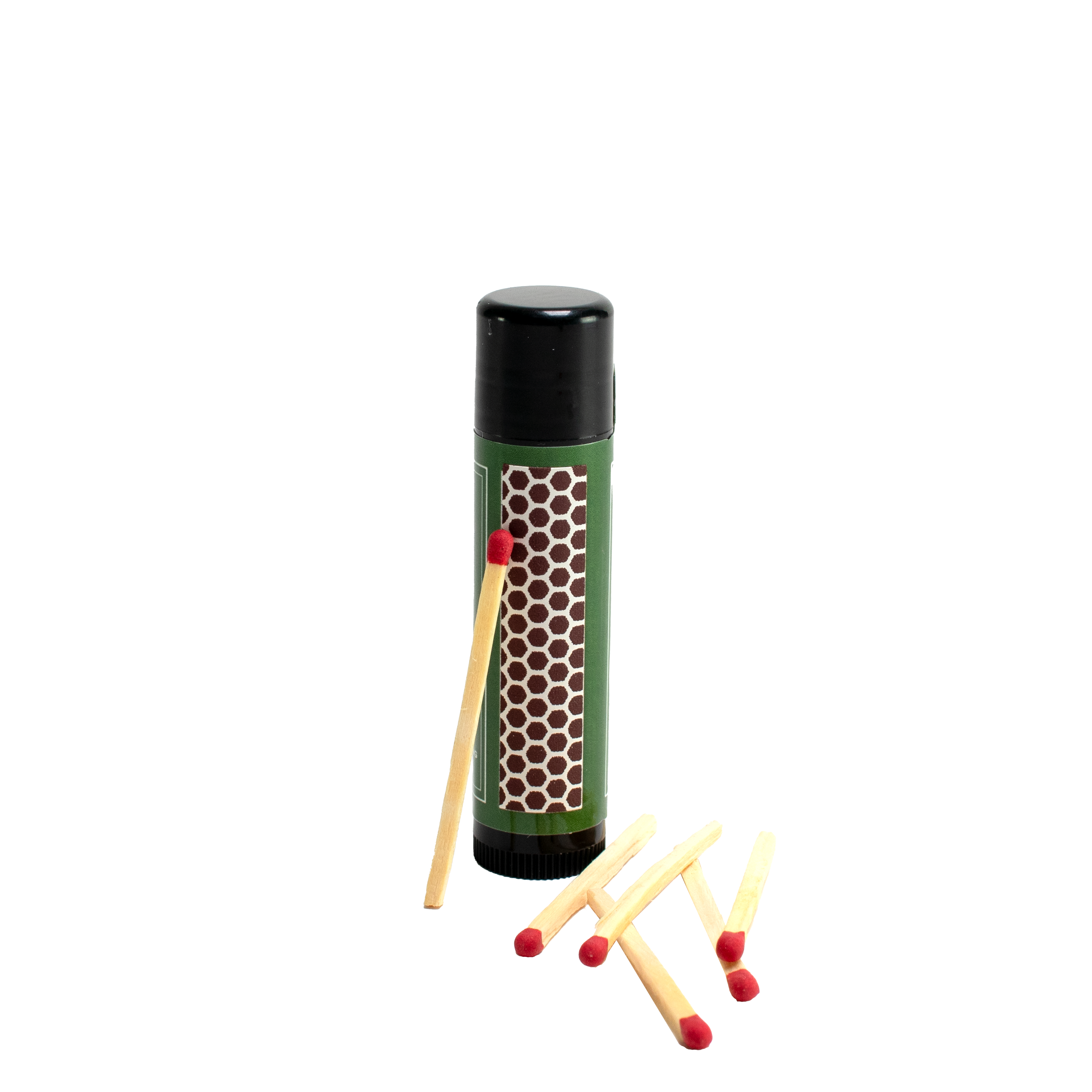 Hemlock Trail Balm lip balm tube with matchstick-inspired label and wooden matches
