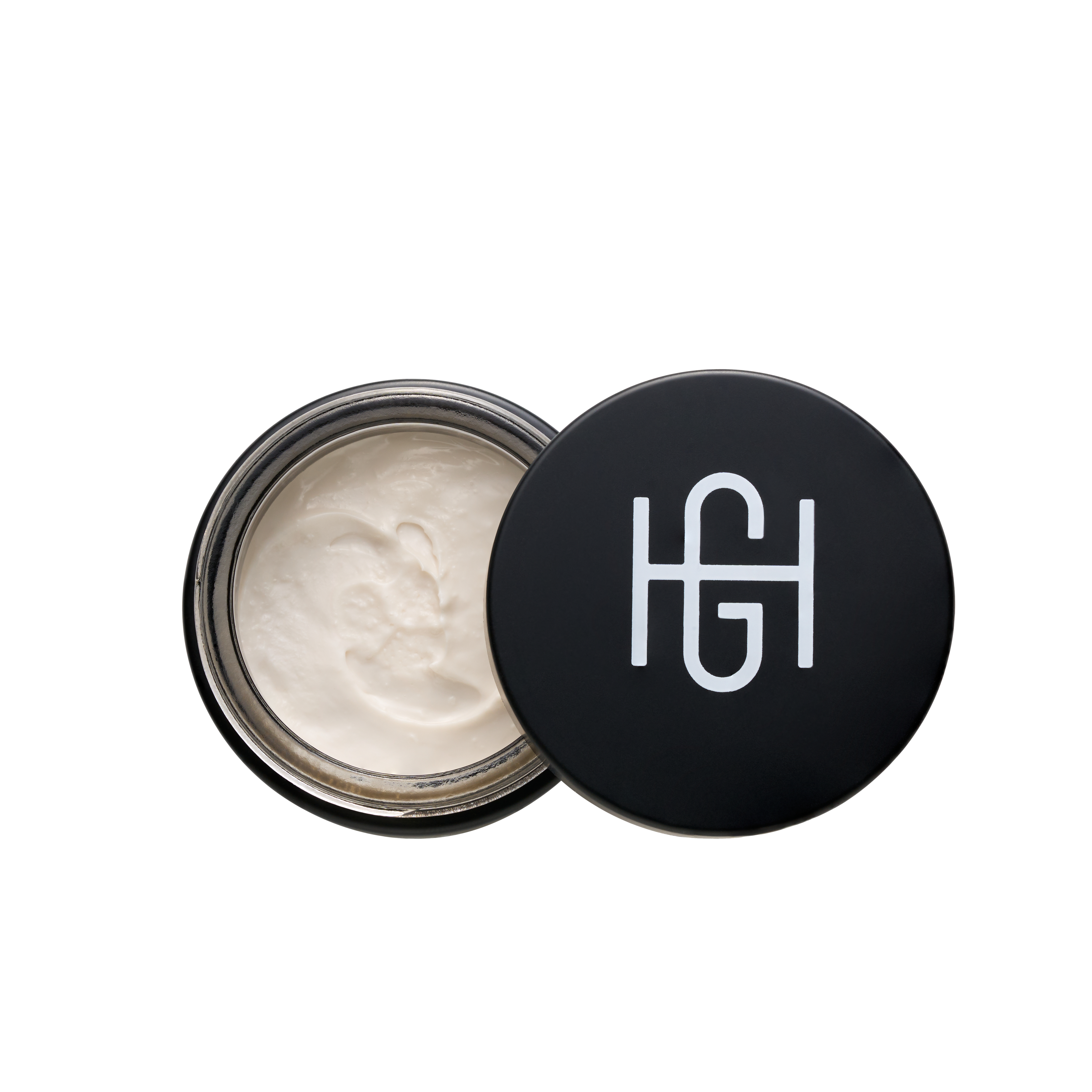 Hemlock Hair Cream open jar showing cream texture with black HG logo lid