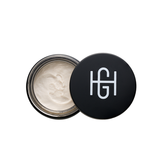 Hemlock Hair Cream open jar showing cream texture with black HG logo lid