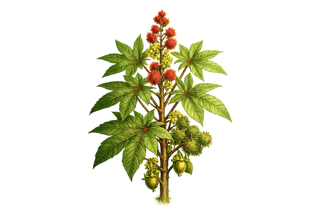 Illustration of a castor bean plant with green leaves and red flowers on a white background