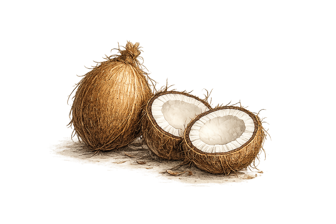 Coconut and its halves on a white background