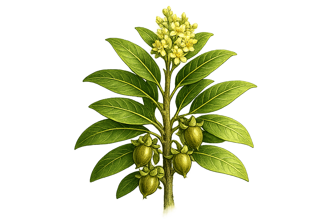 Illustration of a plant with green leaves and yellow flowers on a white background