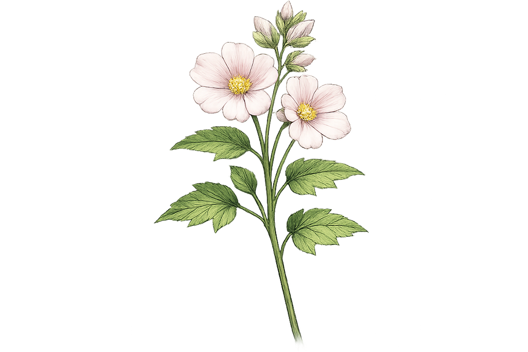 Illustration of a flower with green leaves on a white background