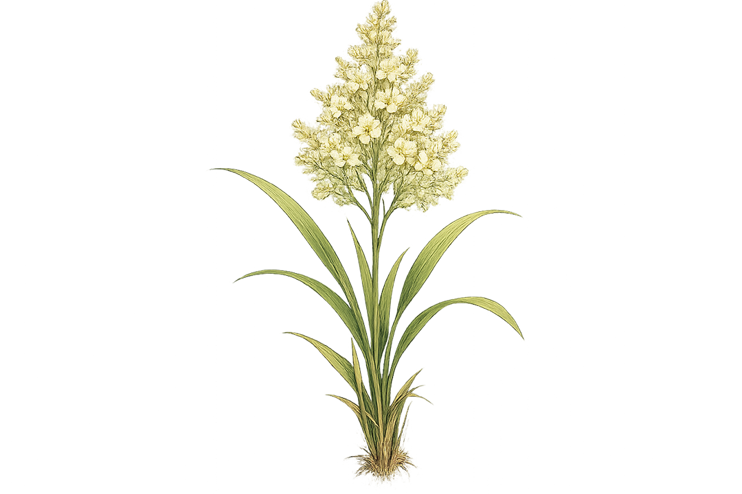 Illustration of a plant with white flowers and green leaves on a white background