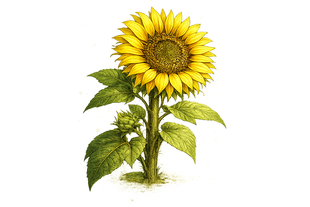 Illustration of a sunflower with green leaves on a white background